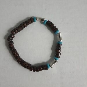 Brown, Turquoise, and Silver Wooden Beaded Bracelet